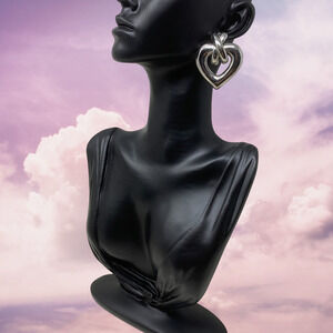 Vintage Y2K Oversized Heart & Cross Doorknocker Silver Earrings Pierced Carded